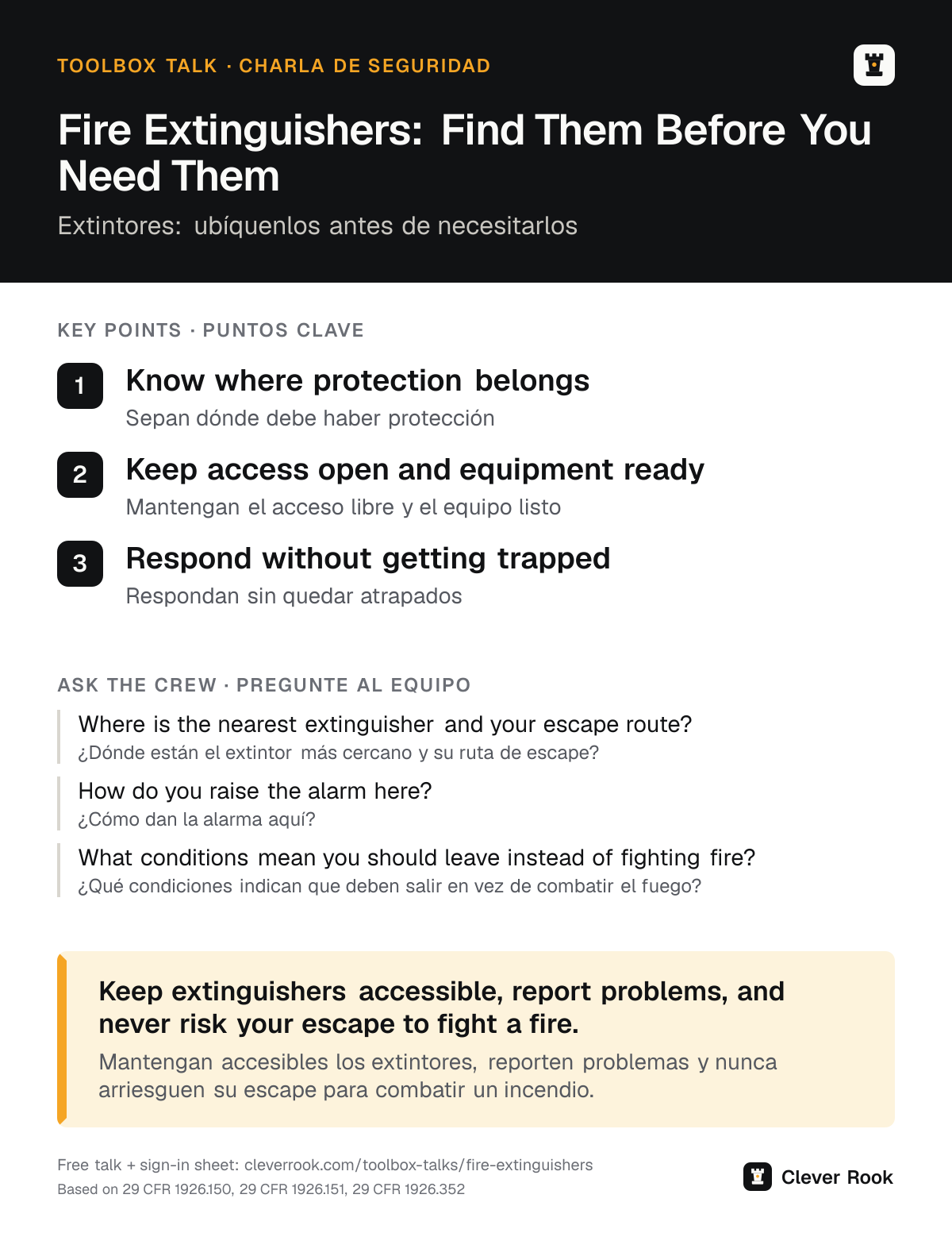 Fire extinguishers toolbox talk poster: key points and questions for the crew in English and Spanish
