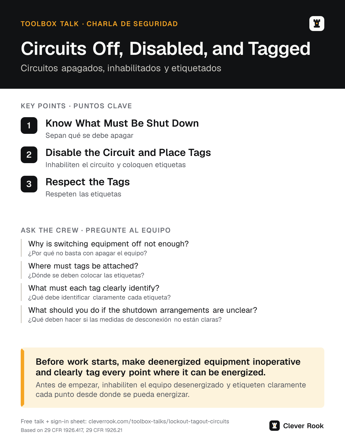 Lockout and tagging of circuits toolbox talk poster: key points and questions for the crew in English and Spanish
