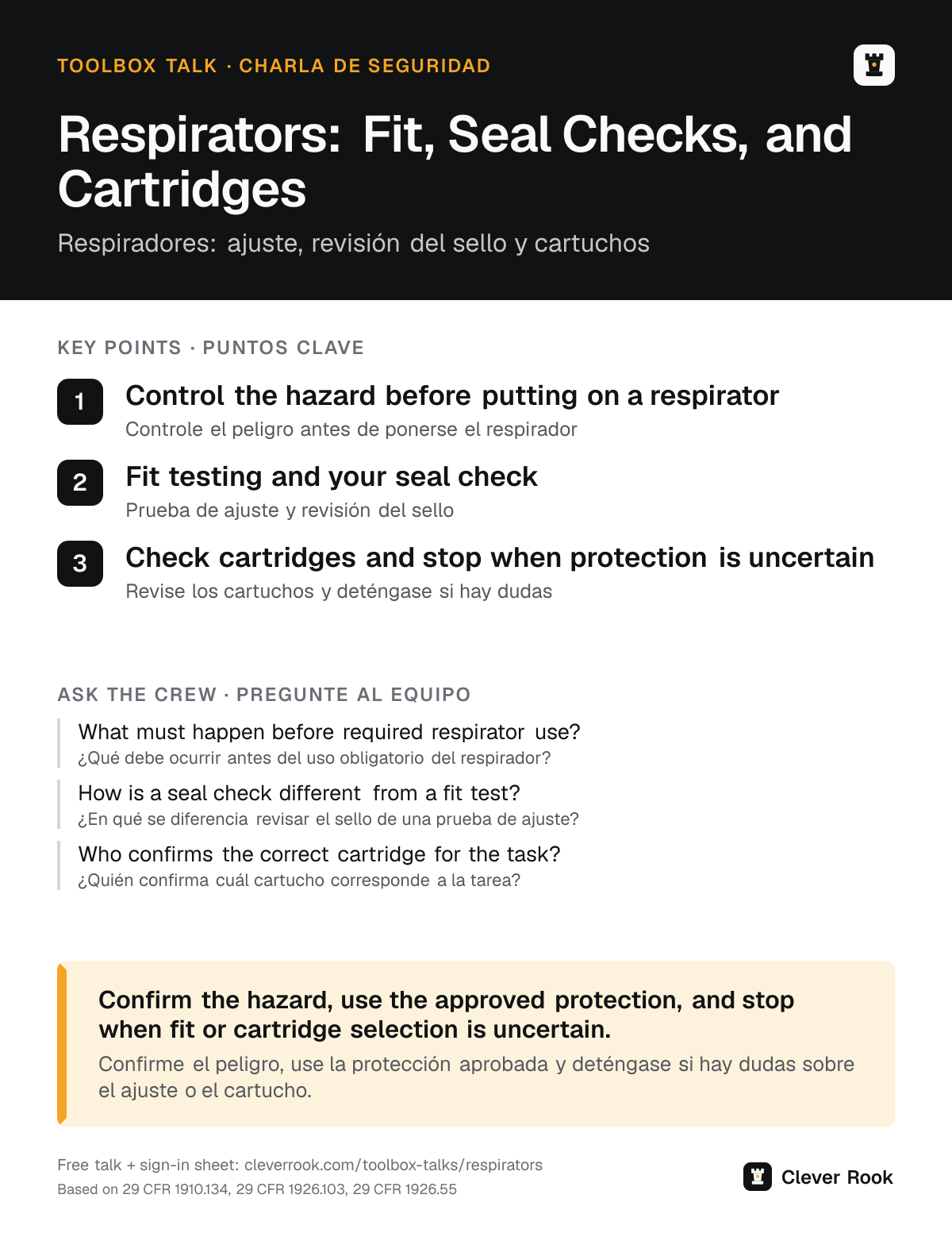 Respirators toolbox talk poster: key points and questions for the crew in English and Spanish