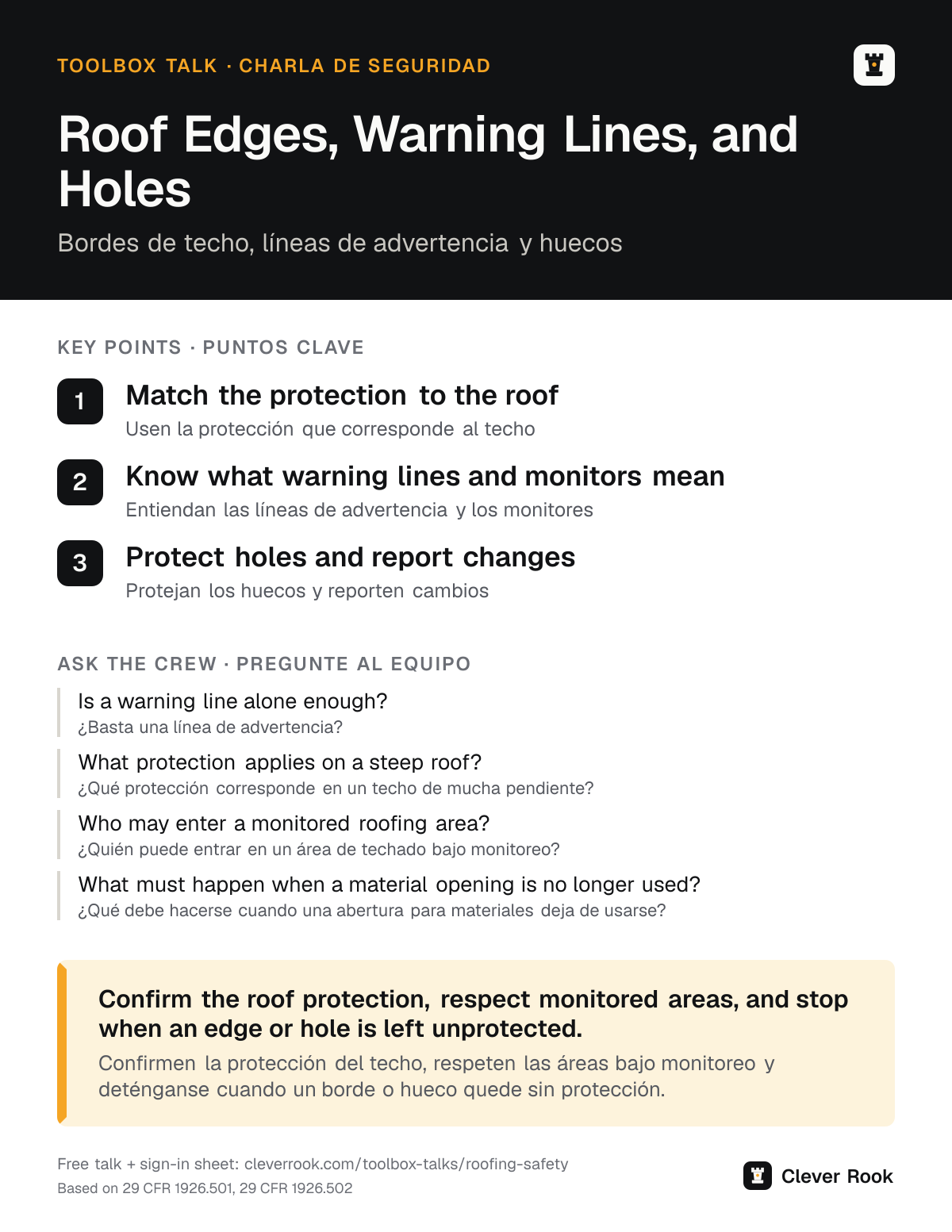 Roofing safety toolbox talk poster: key points and questions for the crew in English and Spanish